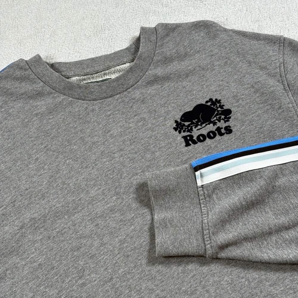 Roots Mens XXL Gray Crewneck Sweatshirt Flocked Beaver Logo Side Stripe